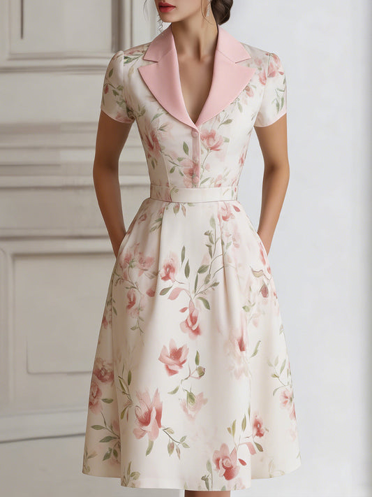 Floral Lapel Short Sleeve Midi Dress With Tailored Waist