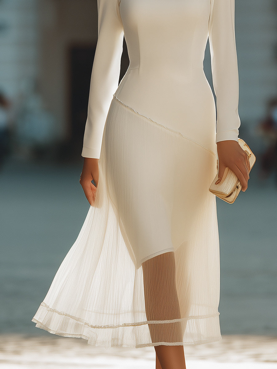 Asymmetric Pleated Hem Long-Sleeve Midi Dress