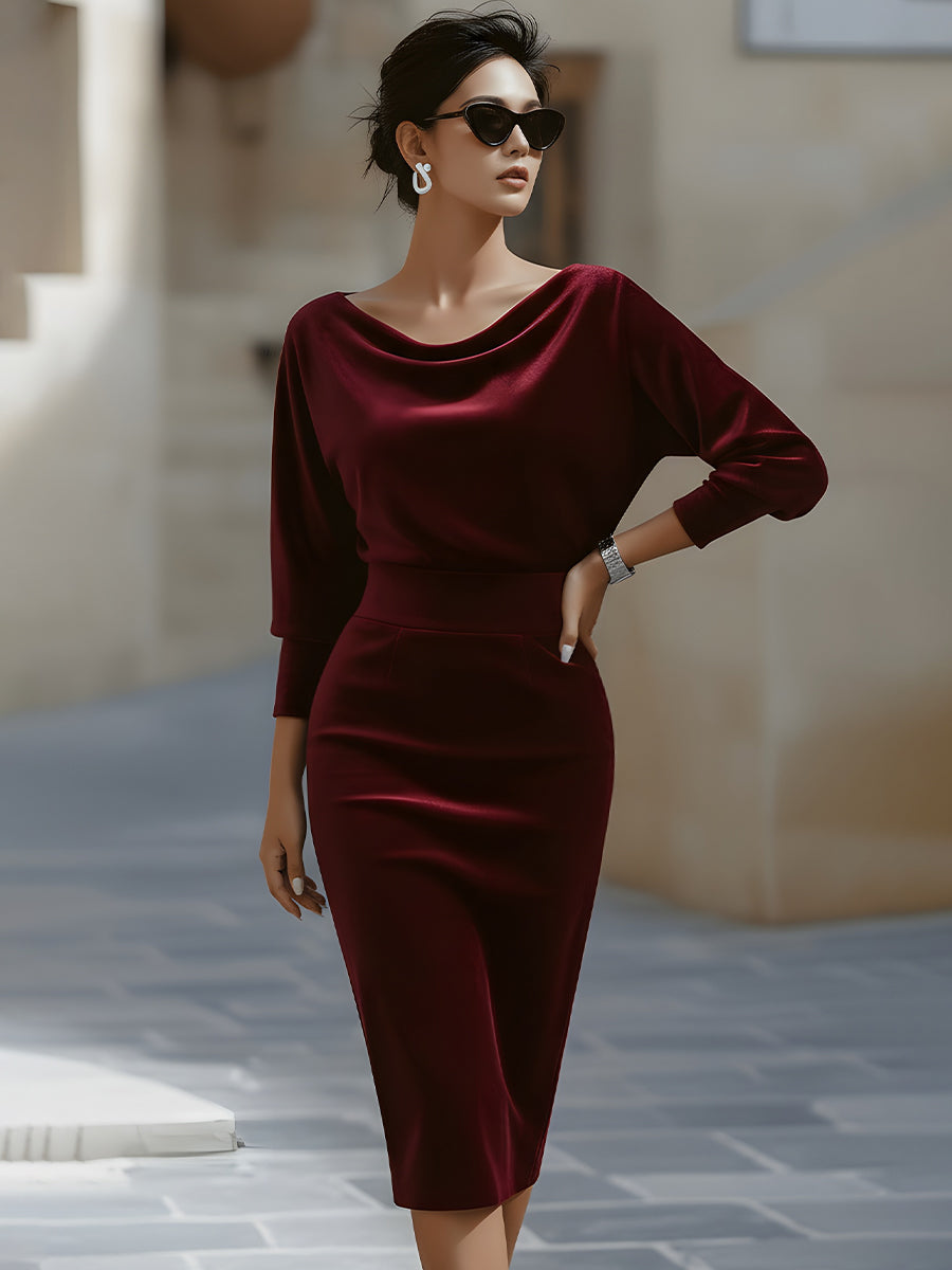 Draped Boat-Neck Velvet Pencil Dress