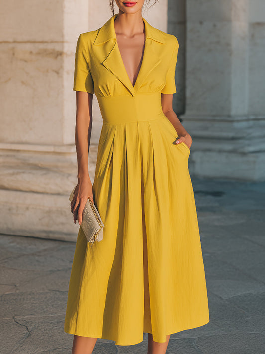 Collared Short-Sleeve Midi Dress With Structured Waist