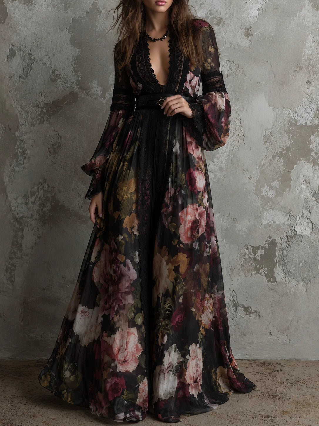 Bohemian Holiday Chiffon Printed Lace Maxi Dress