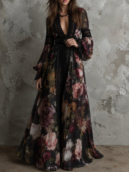 Bohemian Holiday Chiffon Printed Lace Maxi Dress