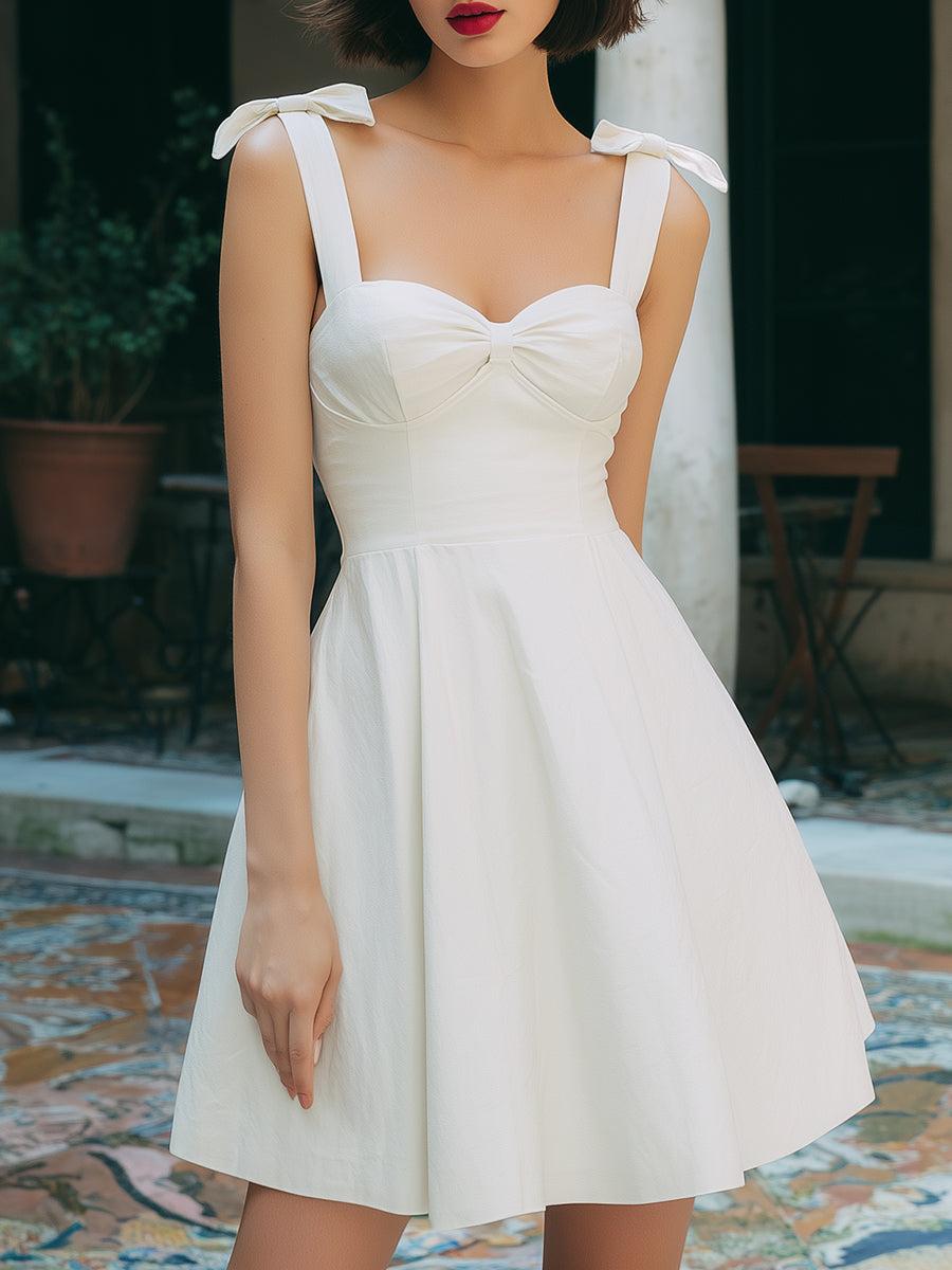 Ivory Bow-Strap Fit & Flare Mini Dress