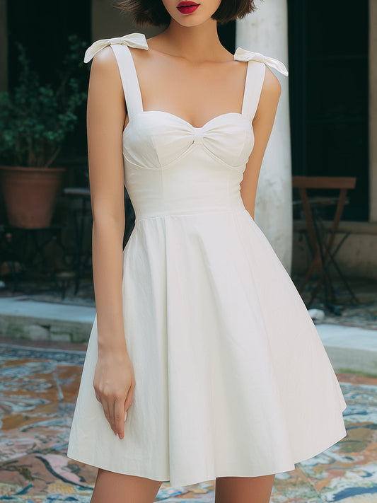 Ivory Bow-Strap Fit & Flare Mini Dress