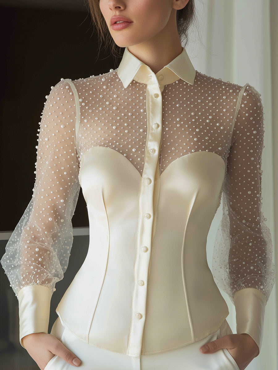 Pearl-Embellished Sheer Sleeve Structured Blouse