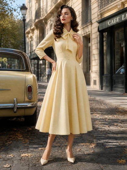 Elegant Butter-Yellow Bow-Tie Buttoned Waist Midi Dress