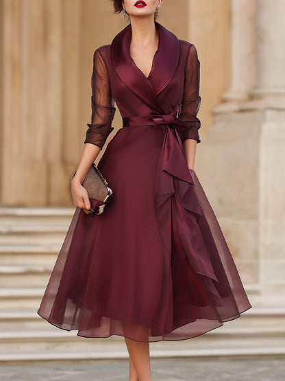 Enchanted Romance Sheer-Sleeve Wrap Midi Wedding Guest Dress