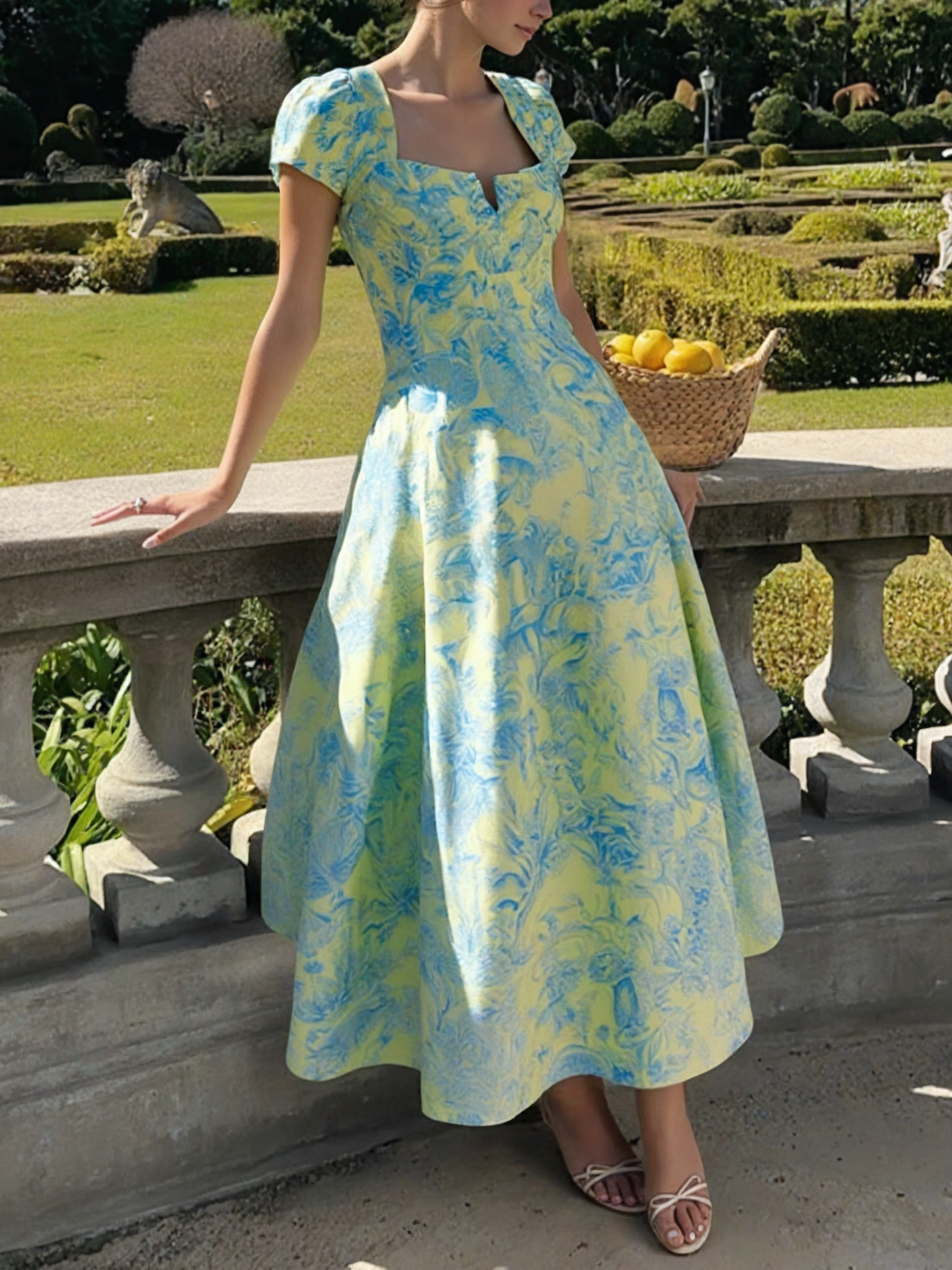 Maxi Linen Dress , Short Sleeves, Notched Collar, Plants Print, Vacation, Vintage, Blue