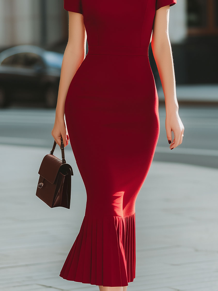 Burgundy Crew-Neck Puff-Sleeve Mermaid Midi Dress