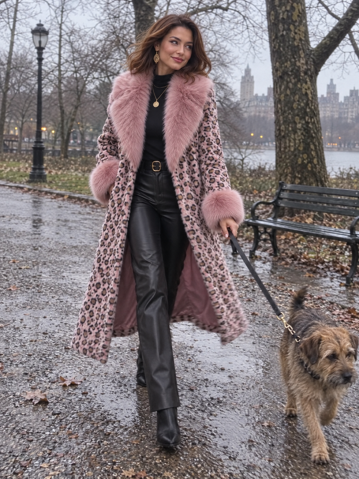 Elegant Pink Leopard Print Faux Fur Long Coat With Fluffy Collar And Cuffs