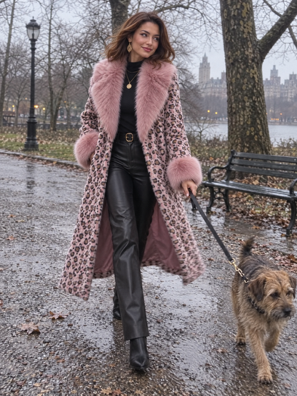 Elegant Pink Leopard Print Faux Fur Long Coat With Fluffy Collar And Cuffs