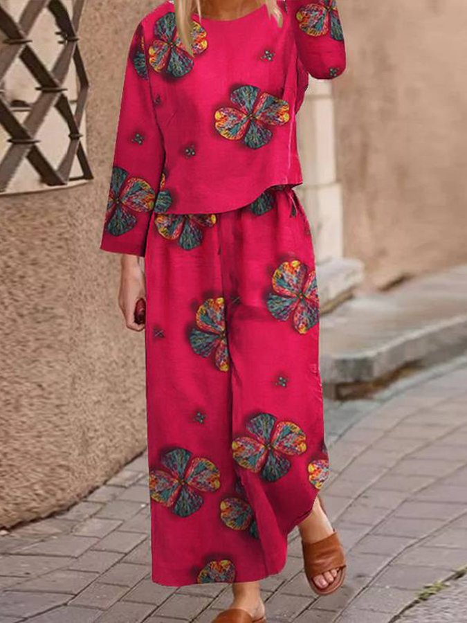 women's Vintage Flower Print Two-piece Set Suit