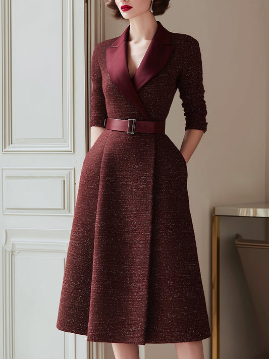 Burgundy Textured A-Line Midi Dress With Satin Lapel And Belted Waist
