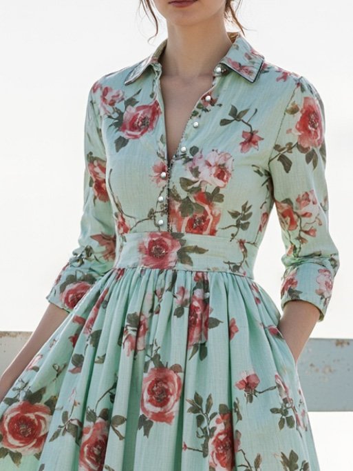 Midi Linen Dress, Half Sleeve, Shawl Collar, Floral, Button Design, Vintage, Green