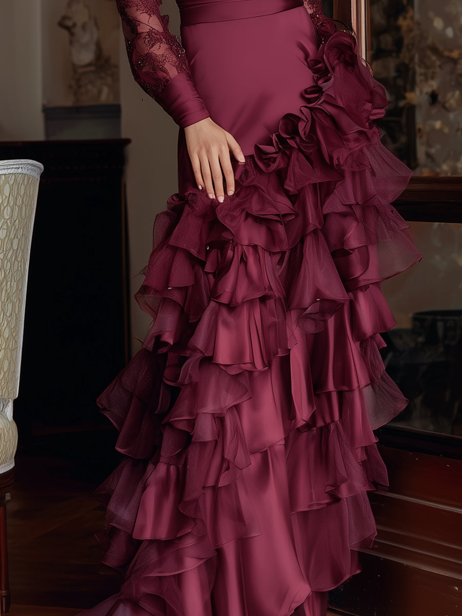 Elegant Burgundy Ruffled Evening Gown