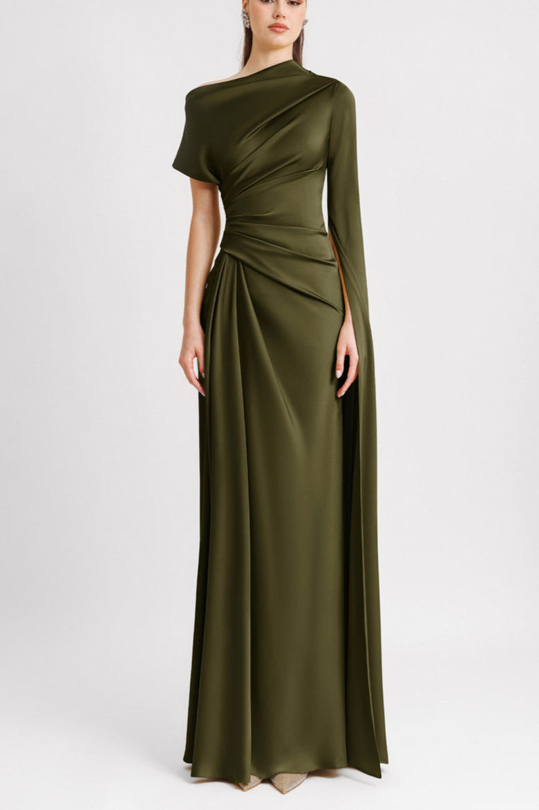 Asymmetrical Neckline Draped Olive Dress