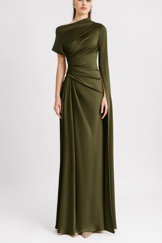 Asymmetrical Neckline Draped Olive Dress