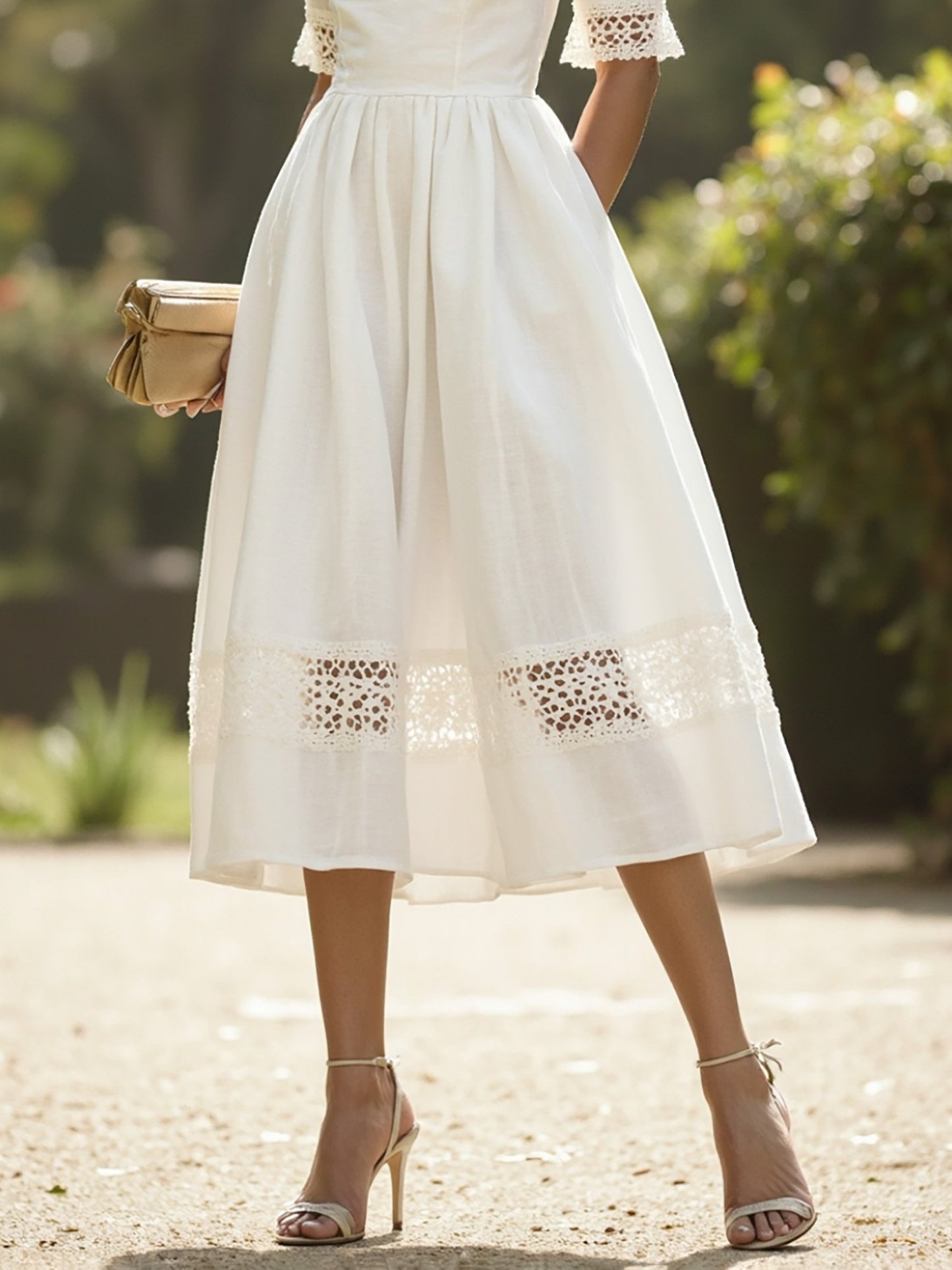 Midi Linen Dress , Half Sleeve, V Neck, Plain, Lace, French Vintage, White