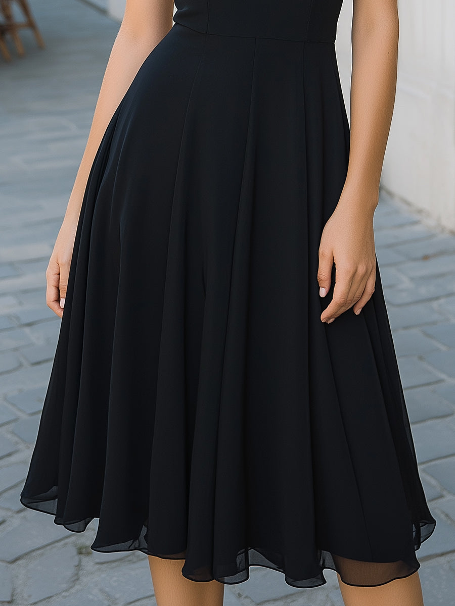 Off-Shoulder Mesh Panel A-Line Midi Dress