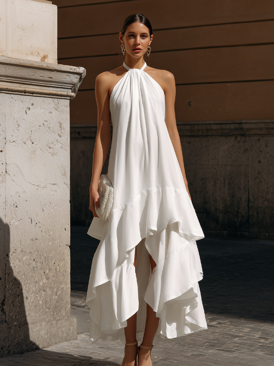 Halter Neck Layered Ruffle High-Low Midi Dress