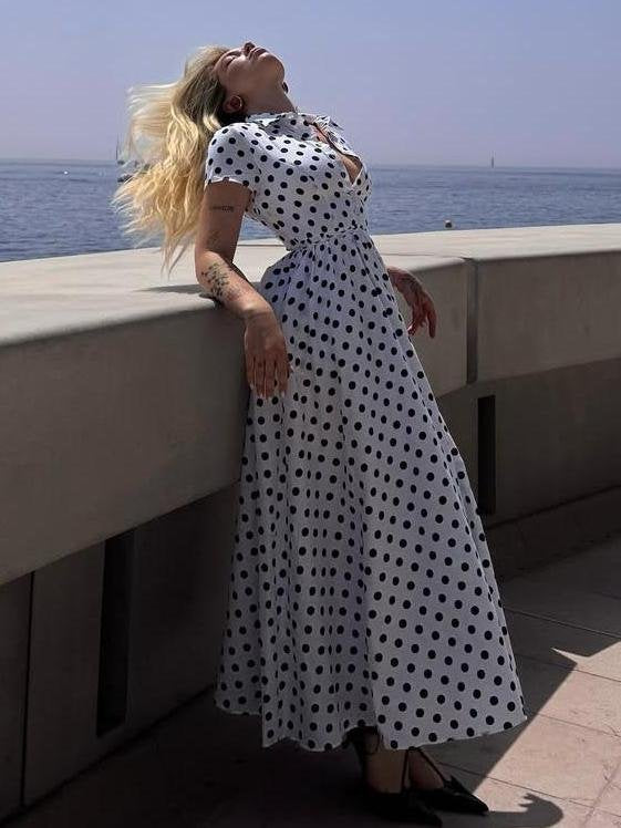 Cotton Maxi Dress, Short Sleeve, Shawl Collar, Polka Dot, Vintage, White