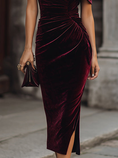 Midnight Asymmetrical Velvet Midi Dress ¨C Ruched Off-the-Shoulder Bodycon