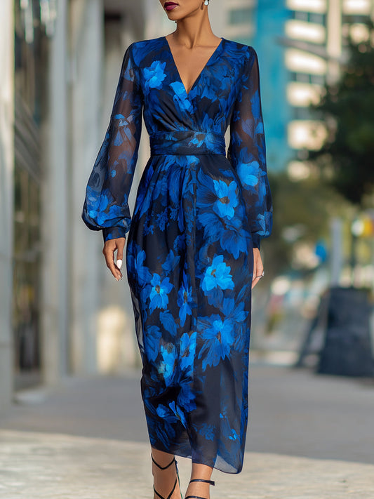 Sheer Sleeves Floral Print V-Neck Chiffon Maxi Dress