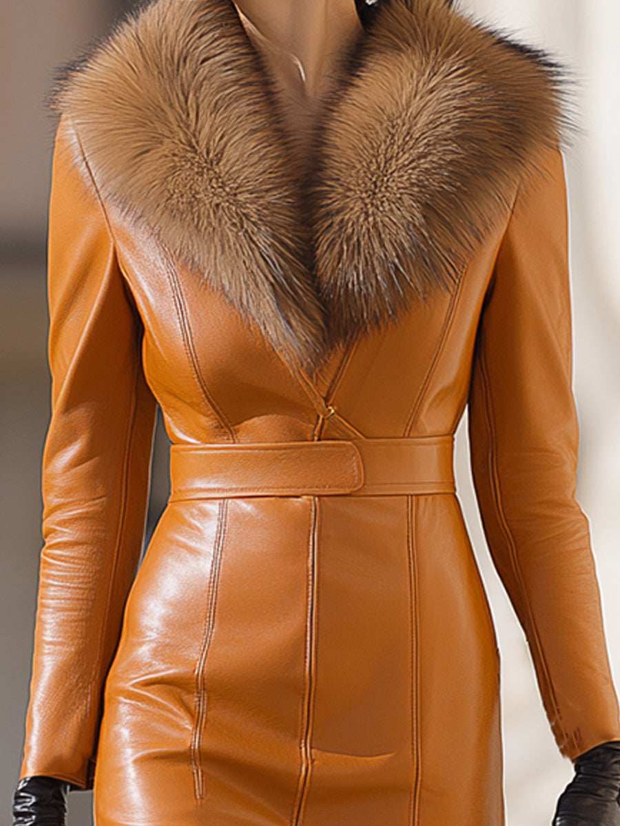 Caramel Faux Leather Maxi Dress With Luxurious Fur Collar