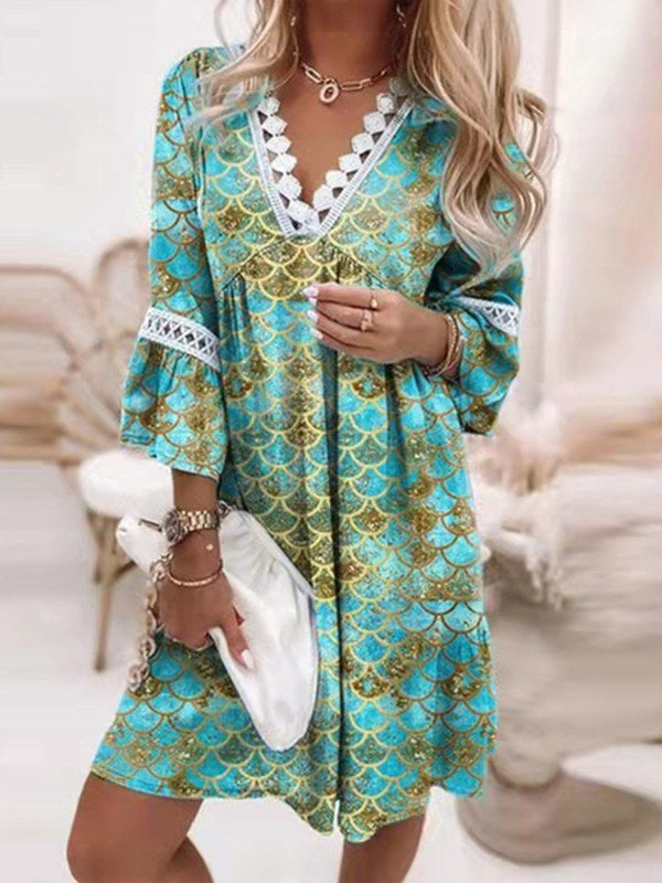 V-neck Printed Lace Stitching Bohemian Casual Boho Tunic Dress