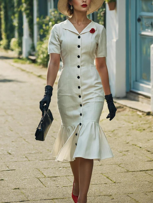 Midi Cotton Dress, Short Sleeve, V Neck, Linen Blend, Plain，White