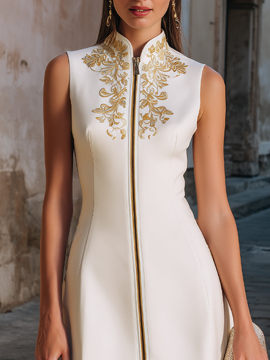 Embroidered Stand-Collar Zip-Front Sleeveless Midi Dress
