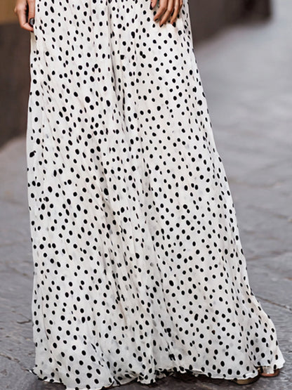Elegant Polka Dot Halter Maxi Dress With Black Lace Waist Inlay