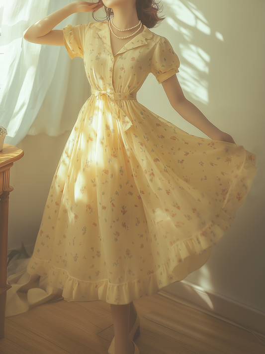 Linen Maxi Dress, Short Sleeve, Lapel Collar, Floral, Yellow, Belt