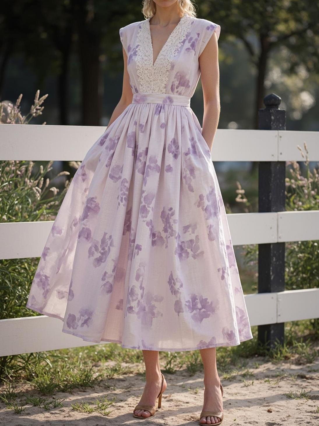 Maxi Linen Dress, V Collar, Cottagecore, Linen Blend, Purple