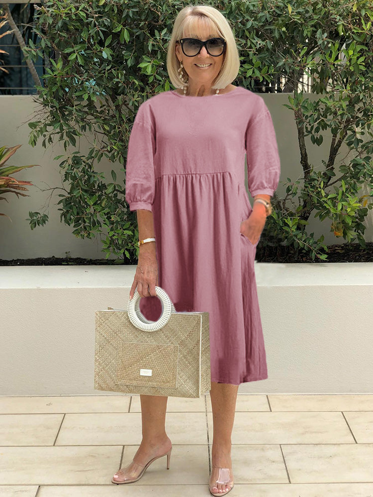 Solid Color Lantern Sleeve Cotton Pocket Midi Tunic Dress