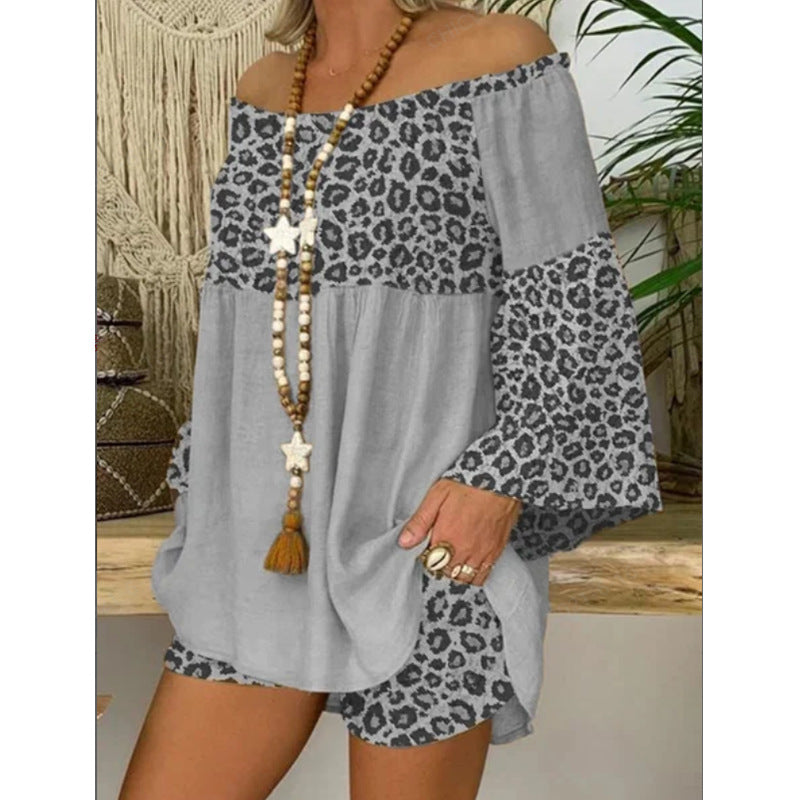 Plus Size Leopard Splicing Loose plus Size Cotton and Linen Suit