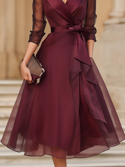 Enchanted Romance Sheer-Sleeve Wrap Midi Wedding Guest Dress