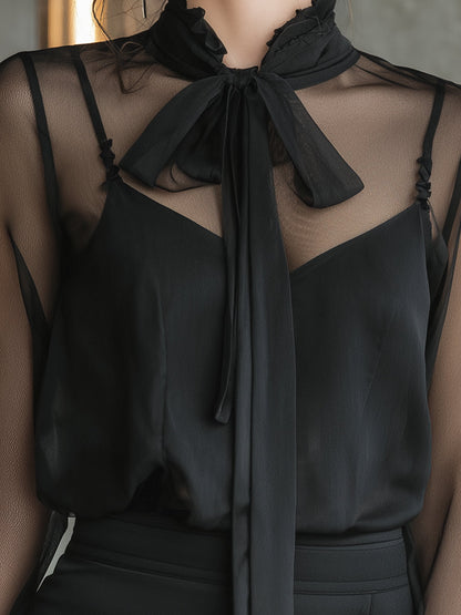 Black Sheer Bow-Tie Blouse With Draped Neckline