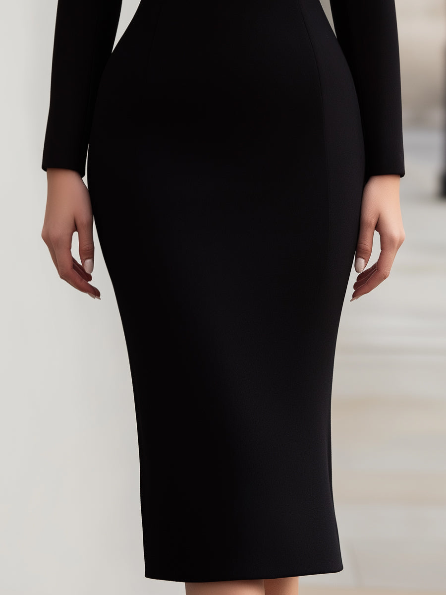 Long Sleeve Contrast Neckline Midi Dress