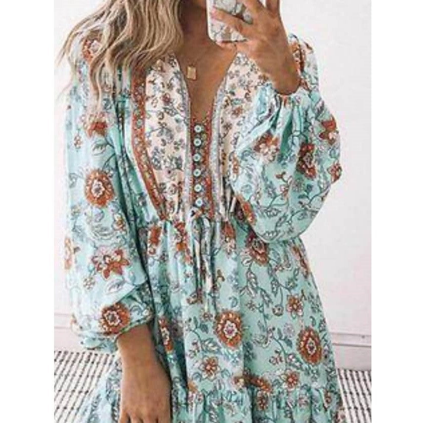 Bohemian Dress Printed Lace-up High-Waisted Skirt