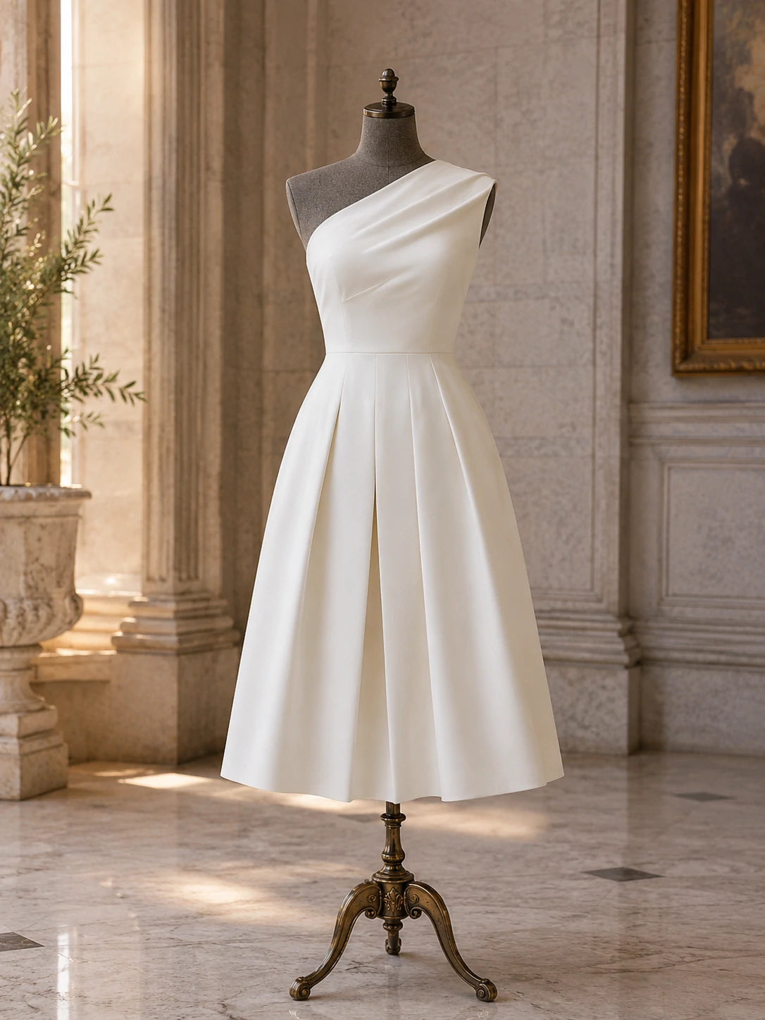White One-Shoulder Draped Pleated A-Line Midi Dress with Pockets – Wedding Guest & Cocktail