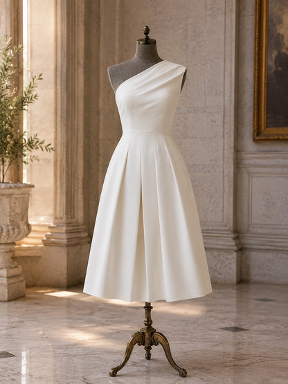 White One-Shoulder Draped Pleated A-Line Midi Dress with Pockets – Wedding Guest & Cocktail