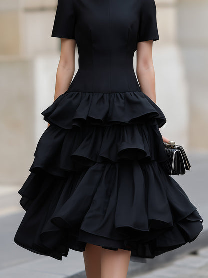 High Neck Tiered Ruffle Midi Dress