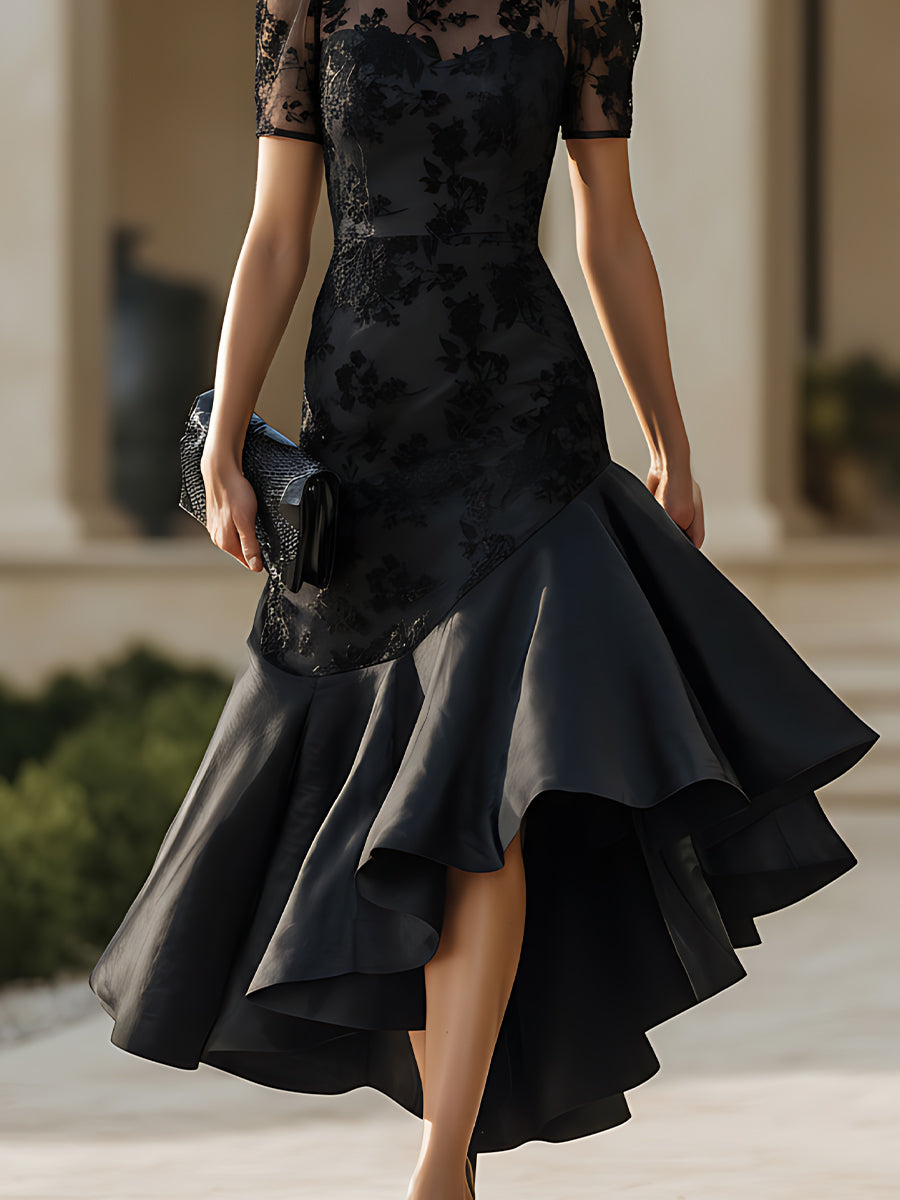 Sheer Neckline High-Low Midi Dress With Sculpted Silhouette