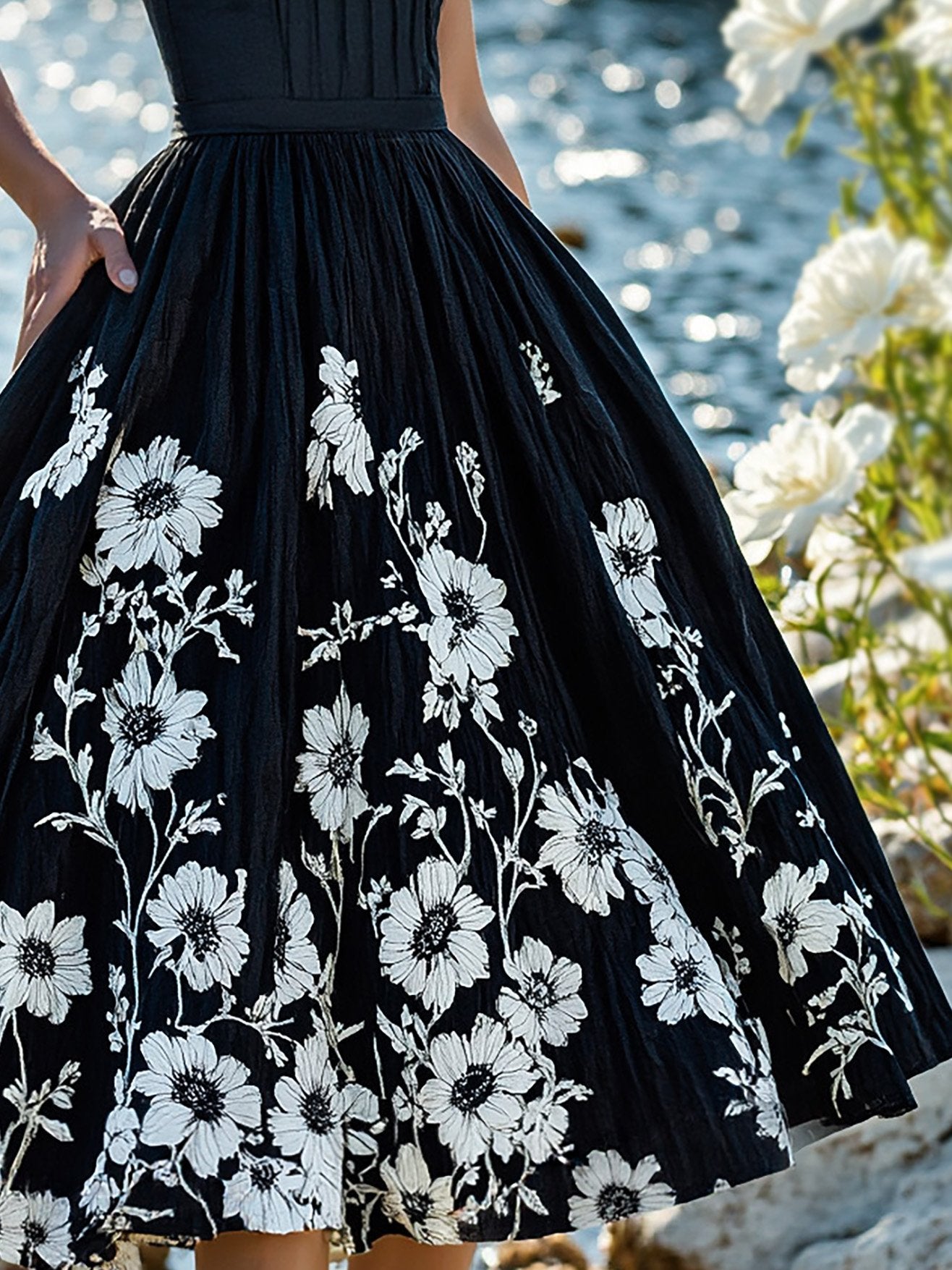 Midi Linen Dress , Sleeveless, Round Neck, Floral, Vacation, Vintage, Black