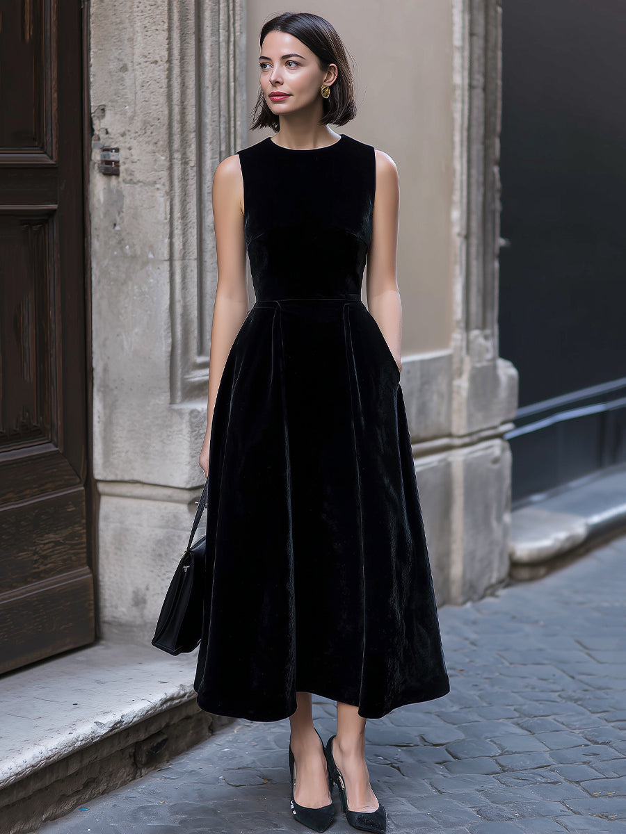 Classic Sleeveless Velvet A-Line Midi Dress With Pockets