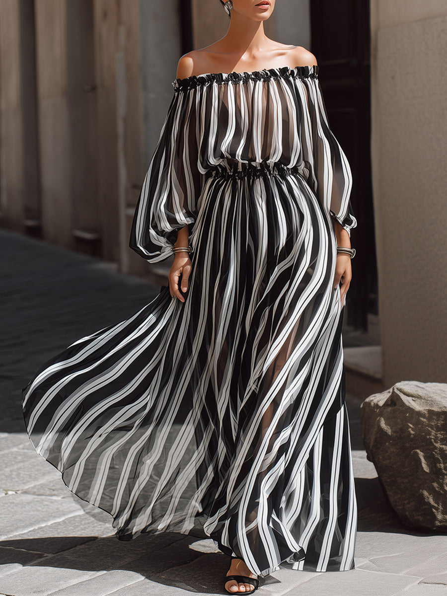 Elegant Off-the-Shoulder Vertical Stripe Chiffon Maxi Dress