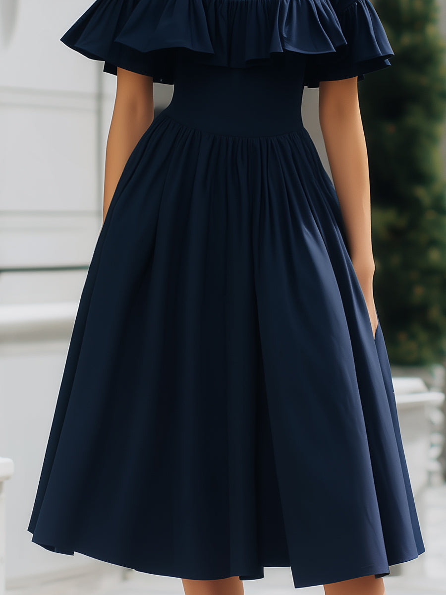 High-Neck Ruffle Fit-and-Flare Midi Dress