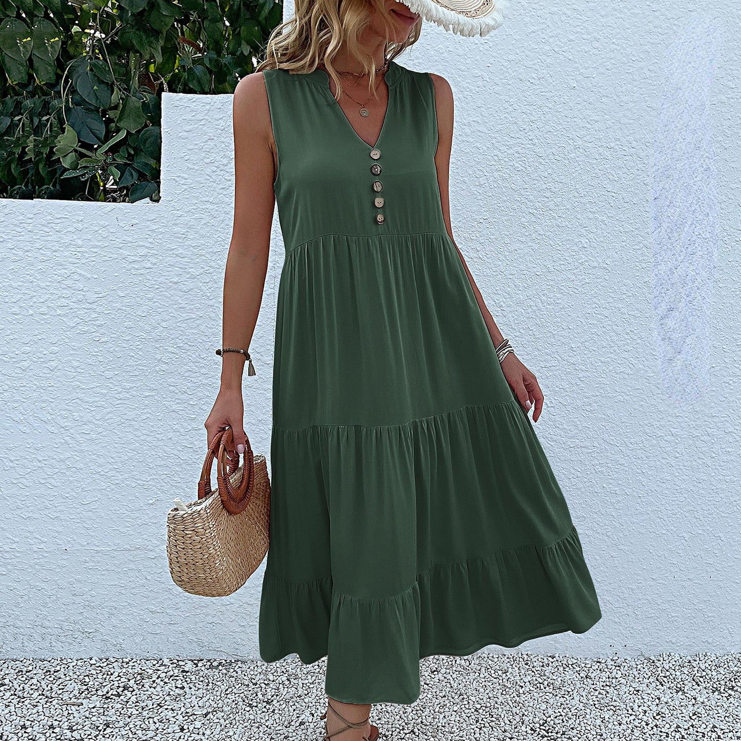 Sleeveless Draped Dress Loose V-neck Mid-Length Dress