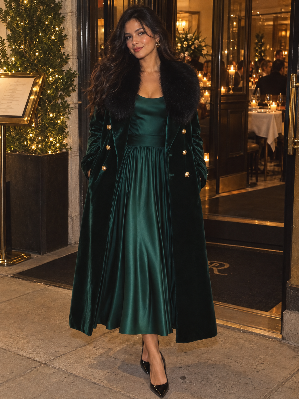 Dark Green Velvet Faux Fur Collar Long Coat & Satin Slip Midi Dress Two-Piece Set